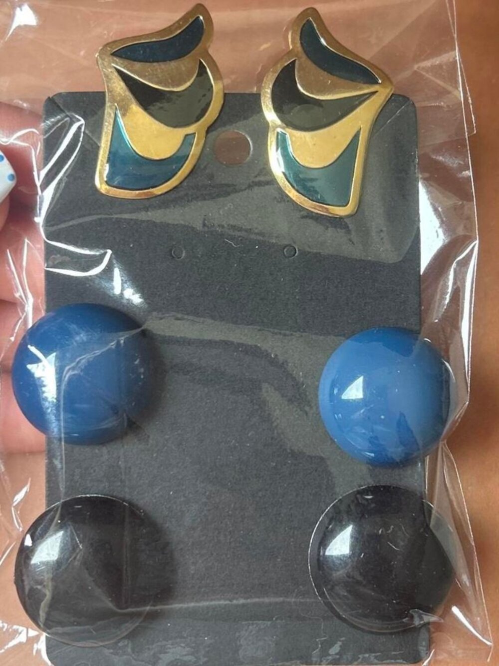 Blue and Gold Clip-On Earrings 3pc Costume Jewelry